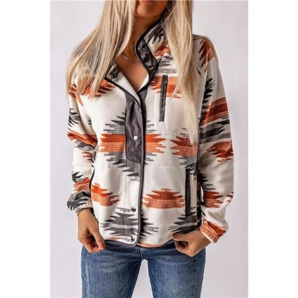 Women's Fleece Jacket Western Aztec Print Snap Button Down Shacket with Pockets - Picture 3 of 7